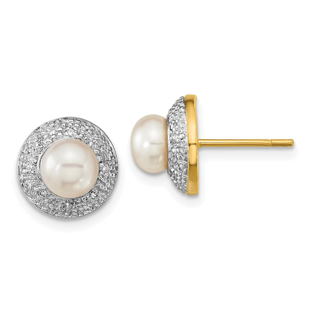 14k Yellow Rhodium Pearl Diamond Post Earrings