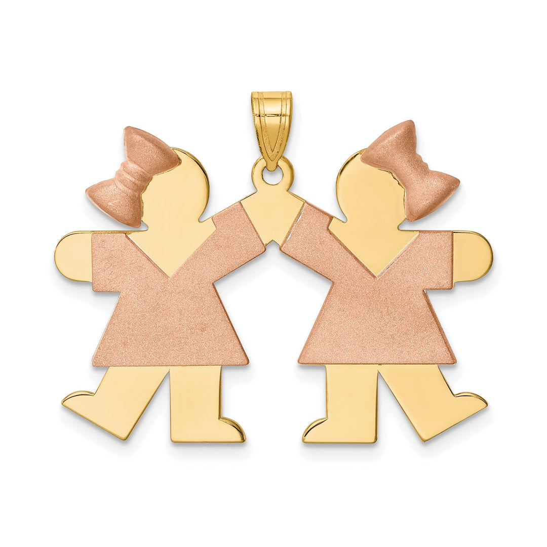14k Two-tone Large Twin Girls With Bows Kiss Charm