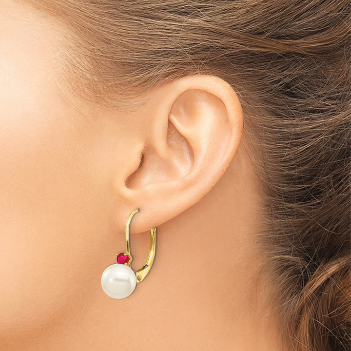 14k Yellow Gold Cultured Pearl Ruby Earrings