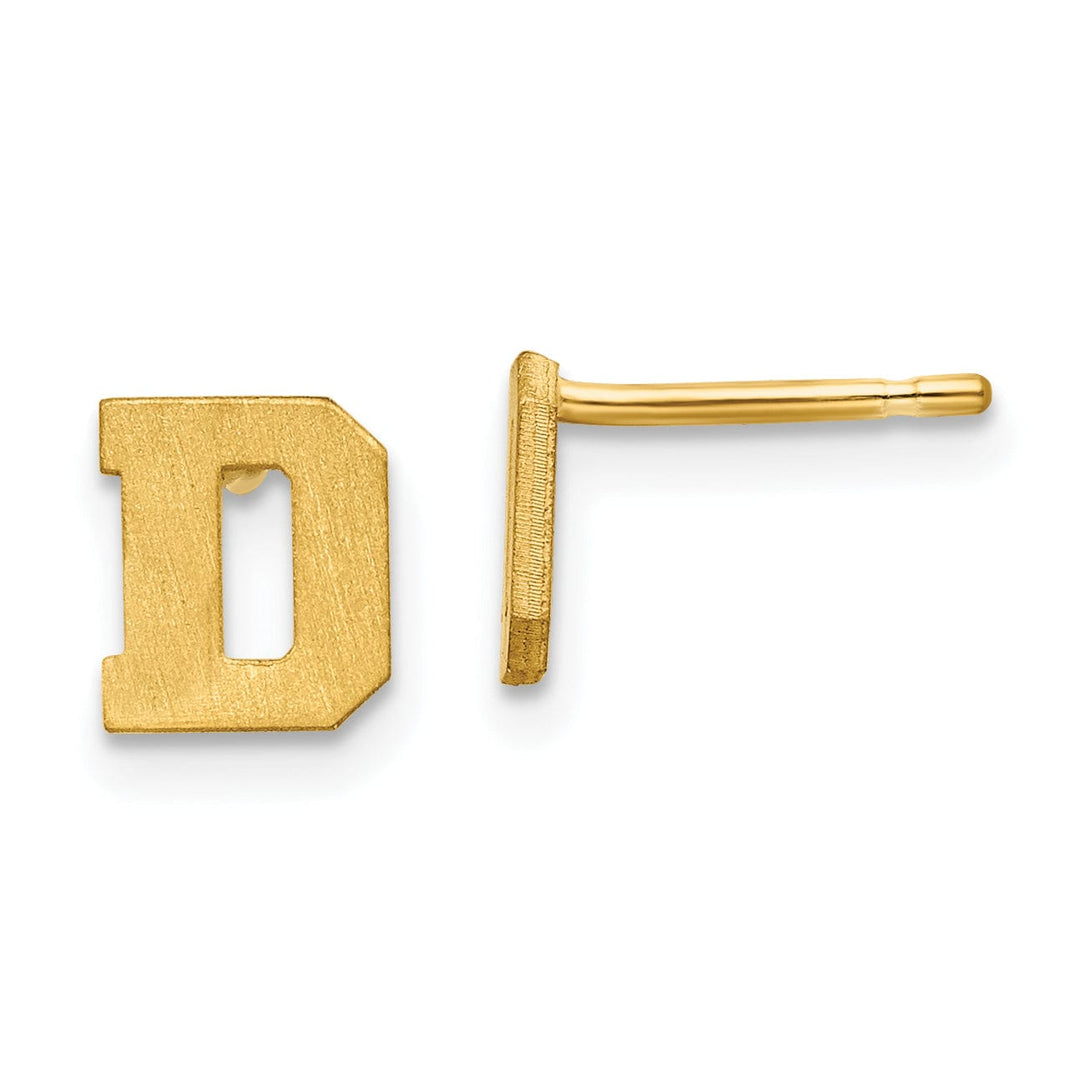 14K Yellow Gold Script Satin Brushed Finish Letter D Initial Earrings