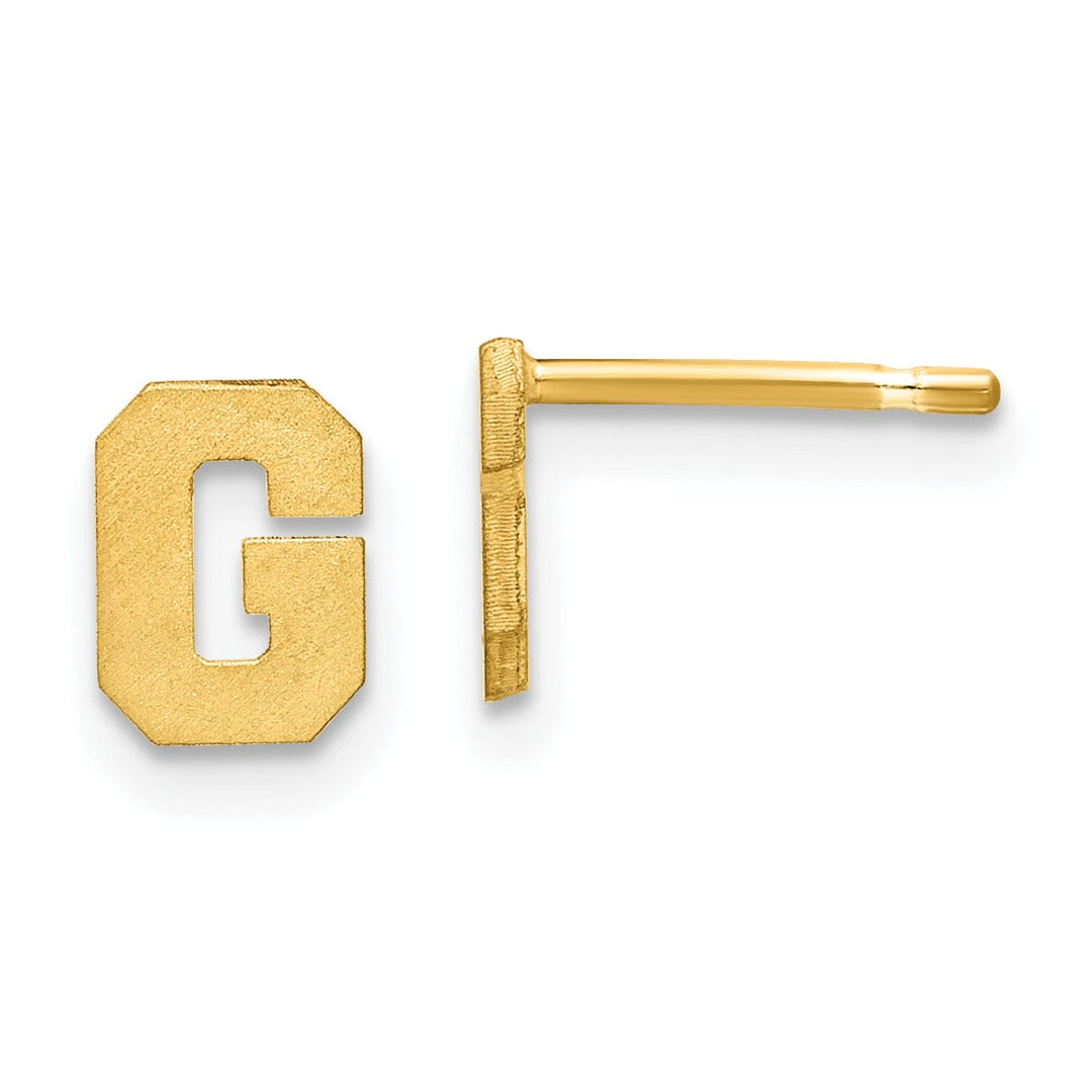 14K Yellow Gold Script Satin Brushed Finish Letter G Initial Earrings