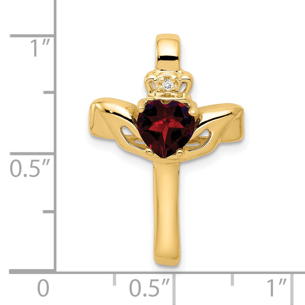 Yellow Gold Garnet Diamond Claddagh Cross Pendant