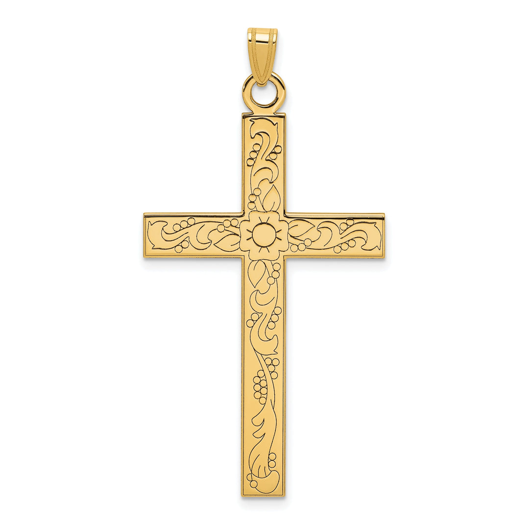 14k Yellow Gold Floral Design Cross Pendant