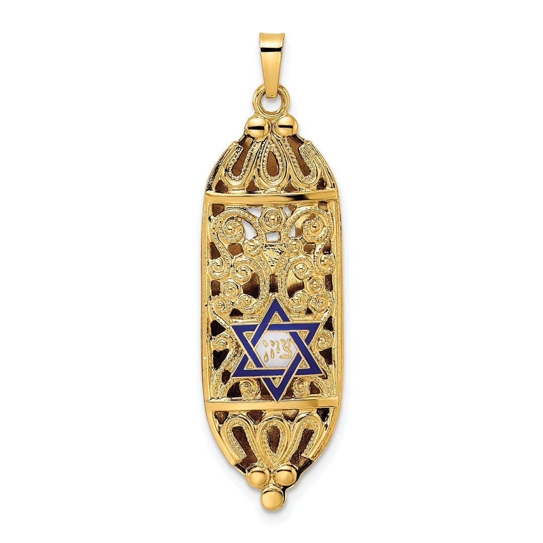 14k Yellow Gold Blue Enamel Unisex Mezuzah with Star of David Pendant