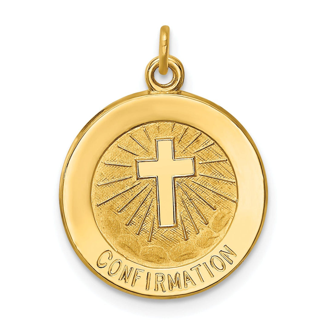 14K Yellow Gold Confirmation with Cross Design Round Medal Pendant