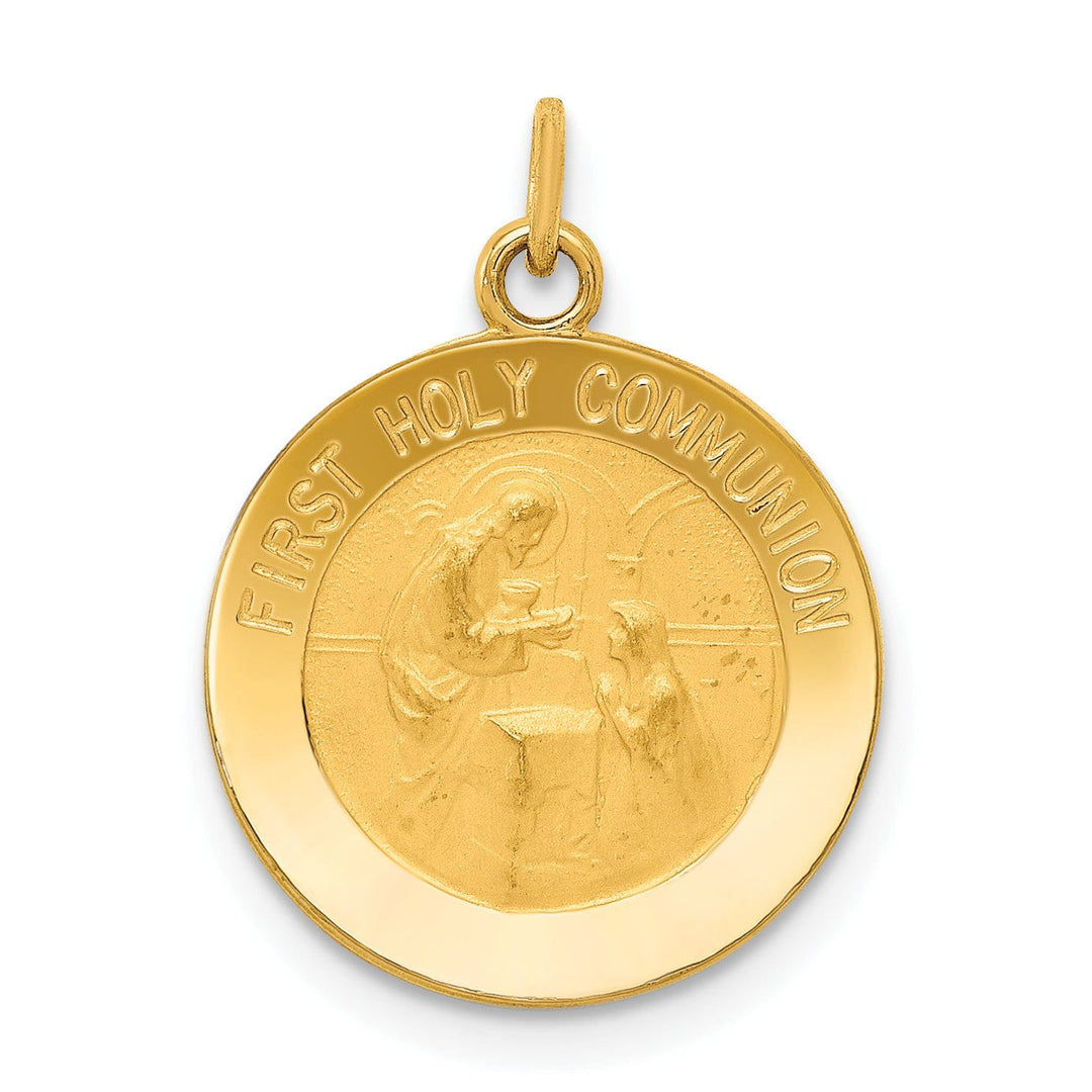 14K Yellow Gold Polished Satin First Holy Communion Disc Medal Pendant