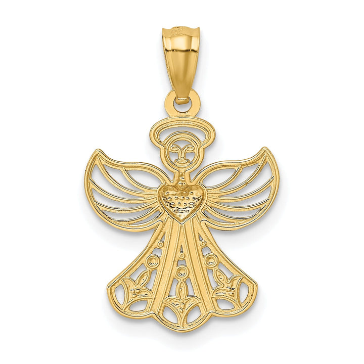 14k Yellow Gold White Rhodium Concave Filigree Angel With Heart Pendant
