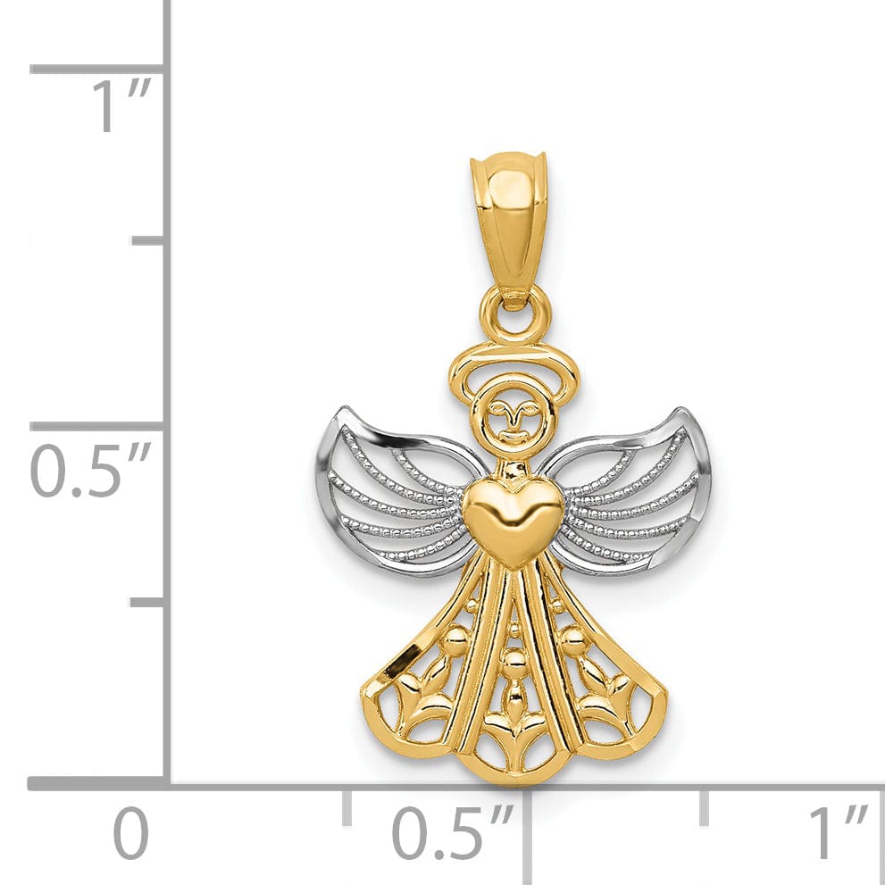 14k Yellow Gold White Rhodium Concave Filigree Angel With Heart Pendant