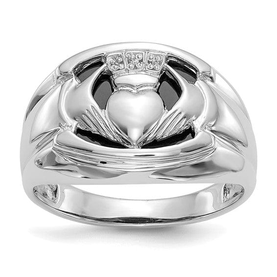 14kt White Gold Diamond Onyx Men's Claddagh Ring