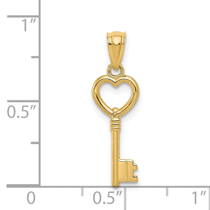 14K Yellow Gold Polished Finish Solid Heart Design Key Charm Pendant