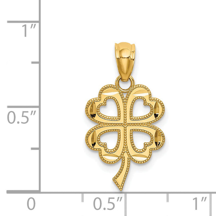 14k Yellow Gold Solid Polished Textured Diamond Cut Finish 4-Leaf Clover Design Charm Pendant