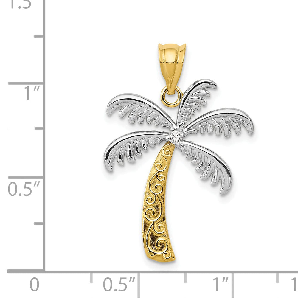14k Two Tone Gold Solid Polish Engraved Finish Design 0.20-ctw Diamond Palm Tree Charm Pendant