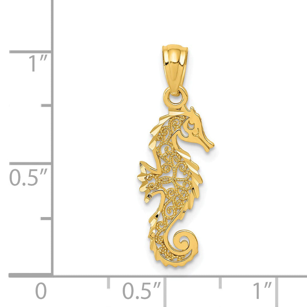 14k Yellow Gold Solid Polished Diamond Cut Finish Filigree Design Men's Seahorse Charm Pendant