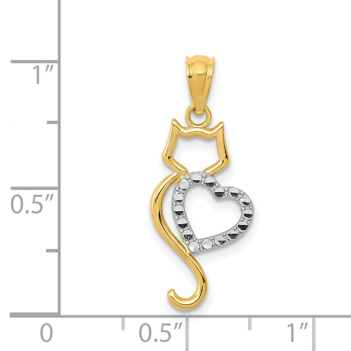 14k Yellow Gold White Rhodium Solid Polished Textured Finish Cat Sitting With Heart Design Charm Pendant