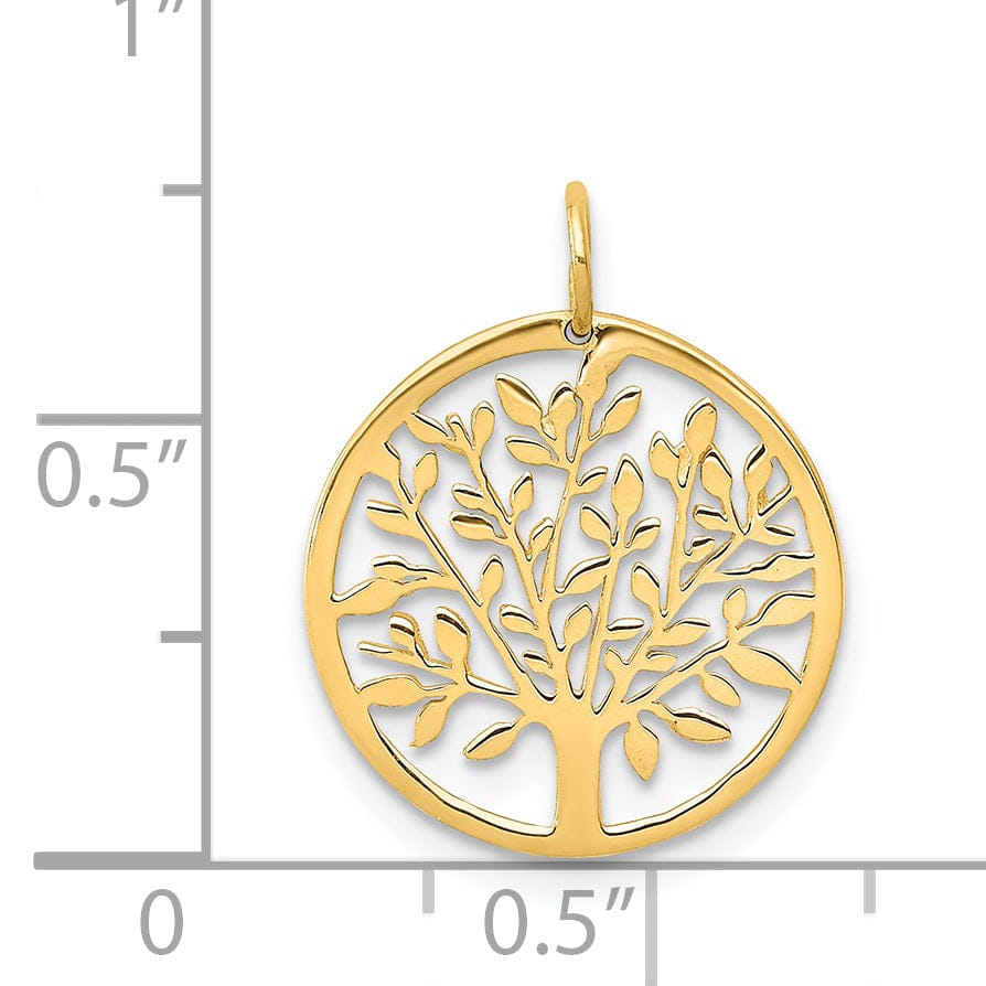 14k Yellow Gold Open Back Solid Diamond Cut Polished Finish Tree of Life in Round Shape Frame Charm Pendant