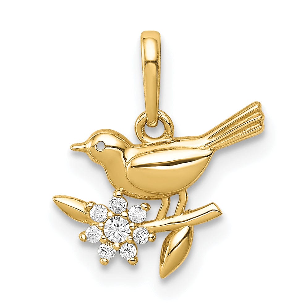 14K Yellow Gold Solid Polished Finish Open Back Bird on a Branch with Cubic Zirconia Stone Design Charm Pendant