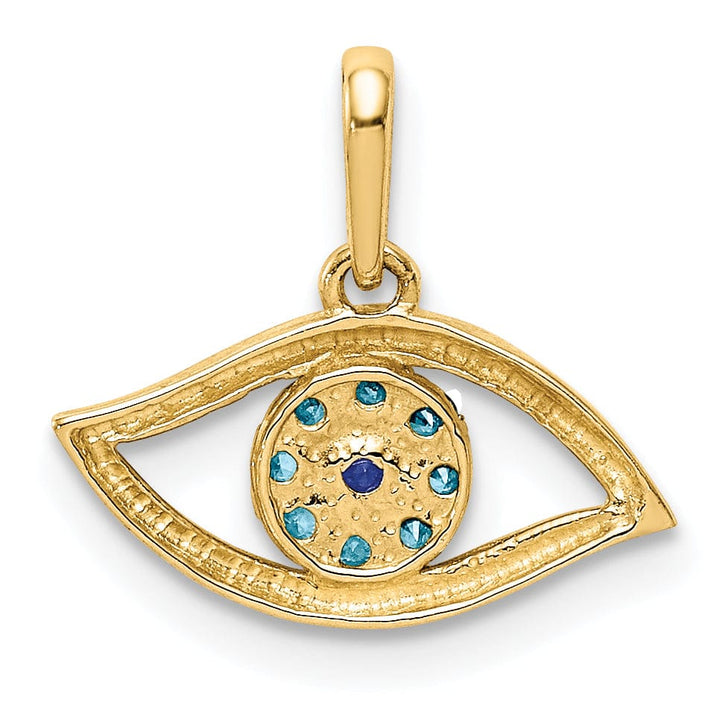 14K Yellow Gold Solid Open Back Polished Textured Finish With Blue Cubic Zirconia Stones Eye Shape Charm Pendant