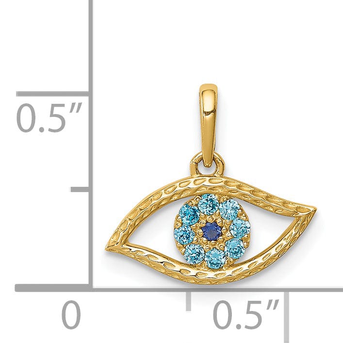 14K Yellow Gold Solid Open Back Polished Textured Finish With Blue Cubic Zirconia Stones Eye Shape Charm Pendant