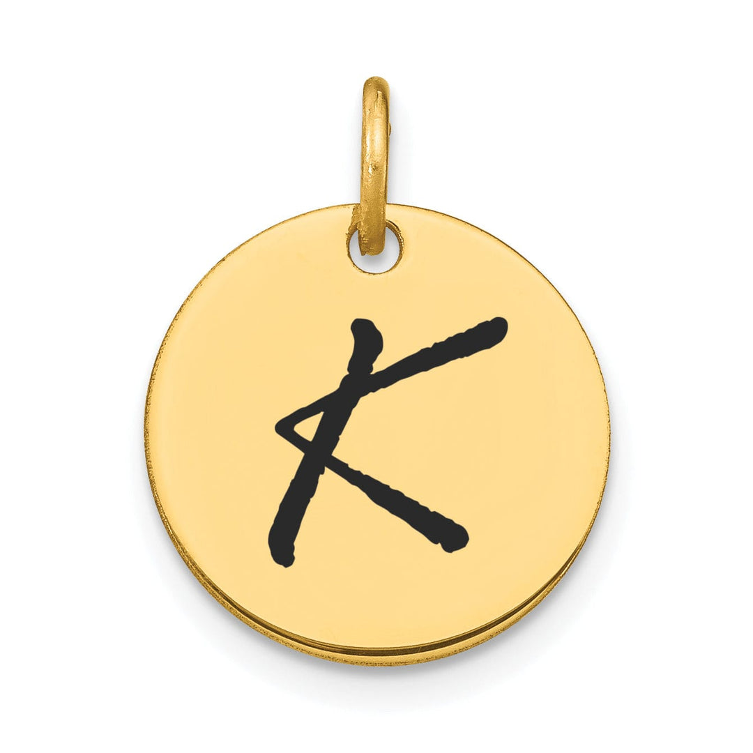 14k Yellow Gold Polished Black Epoxy Finish Letter K Initial Disk Shape Charm Pendant