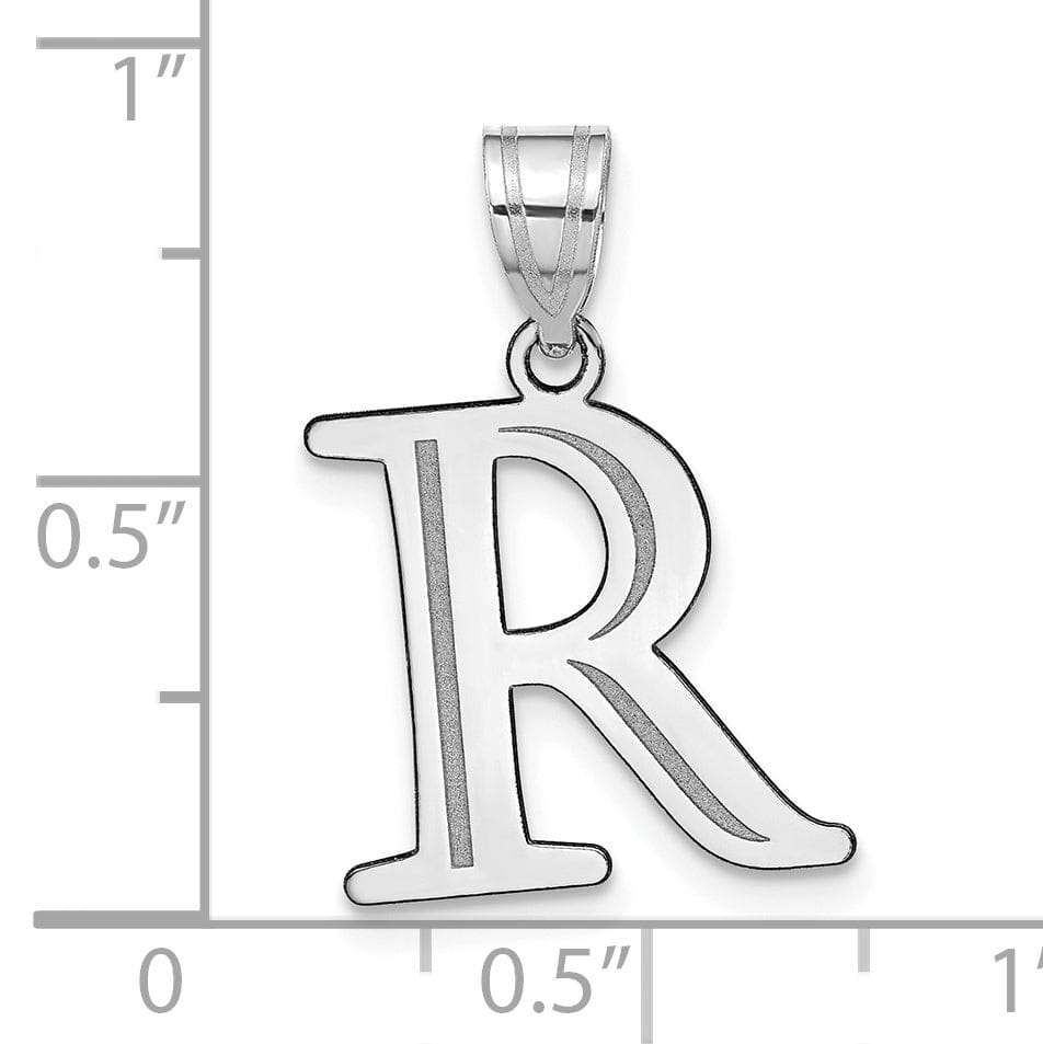 14k White Gold Etched Finish Block Letter R Initial Design Pendant
