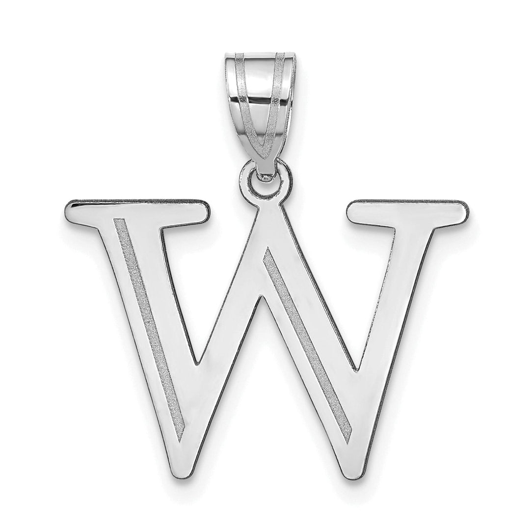 14k White Gold Etched Finish Block Letter W Initial Design Pendant