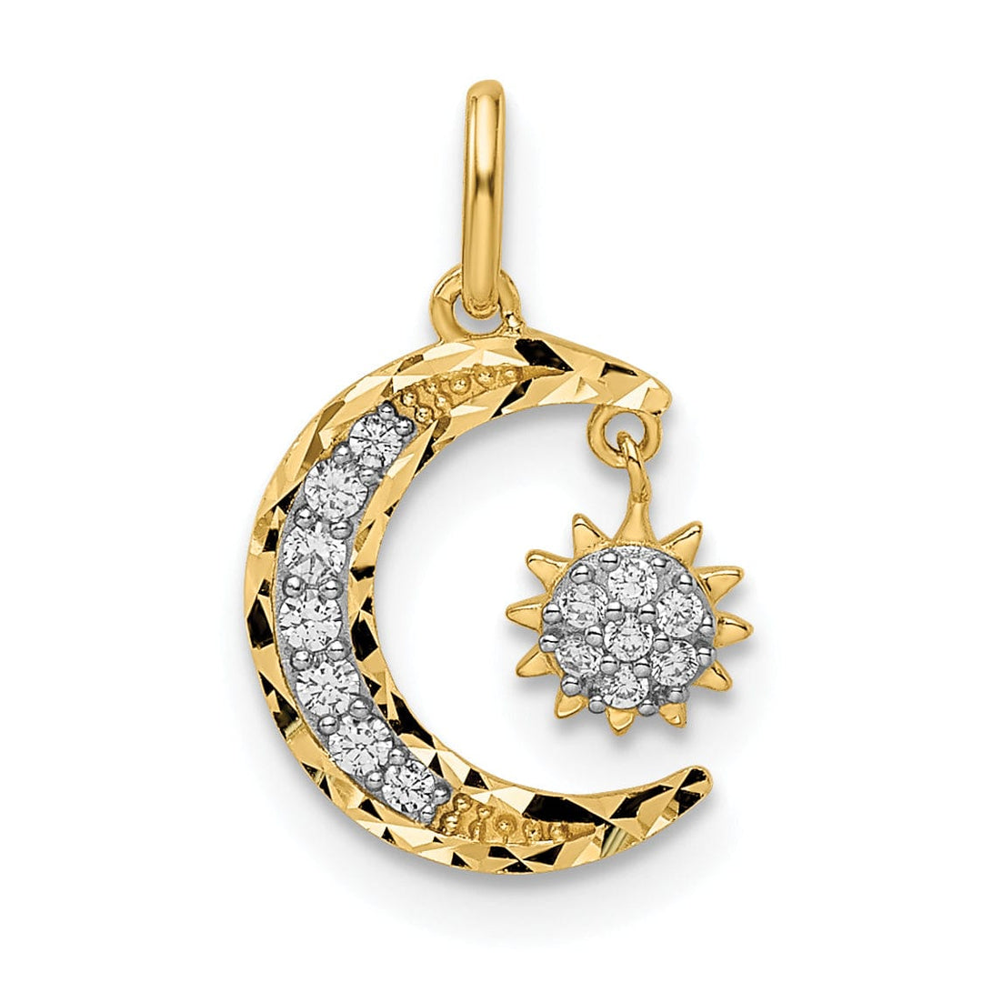 14k Yellow Gold Open Back Solid Polished Diamond Cut Finish Cubic Zirconia Moon and Star Design Charm Pendant