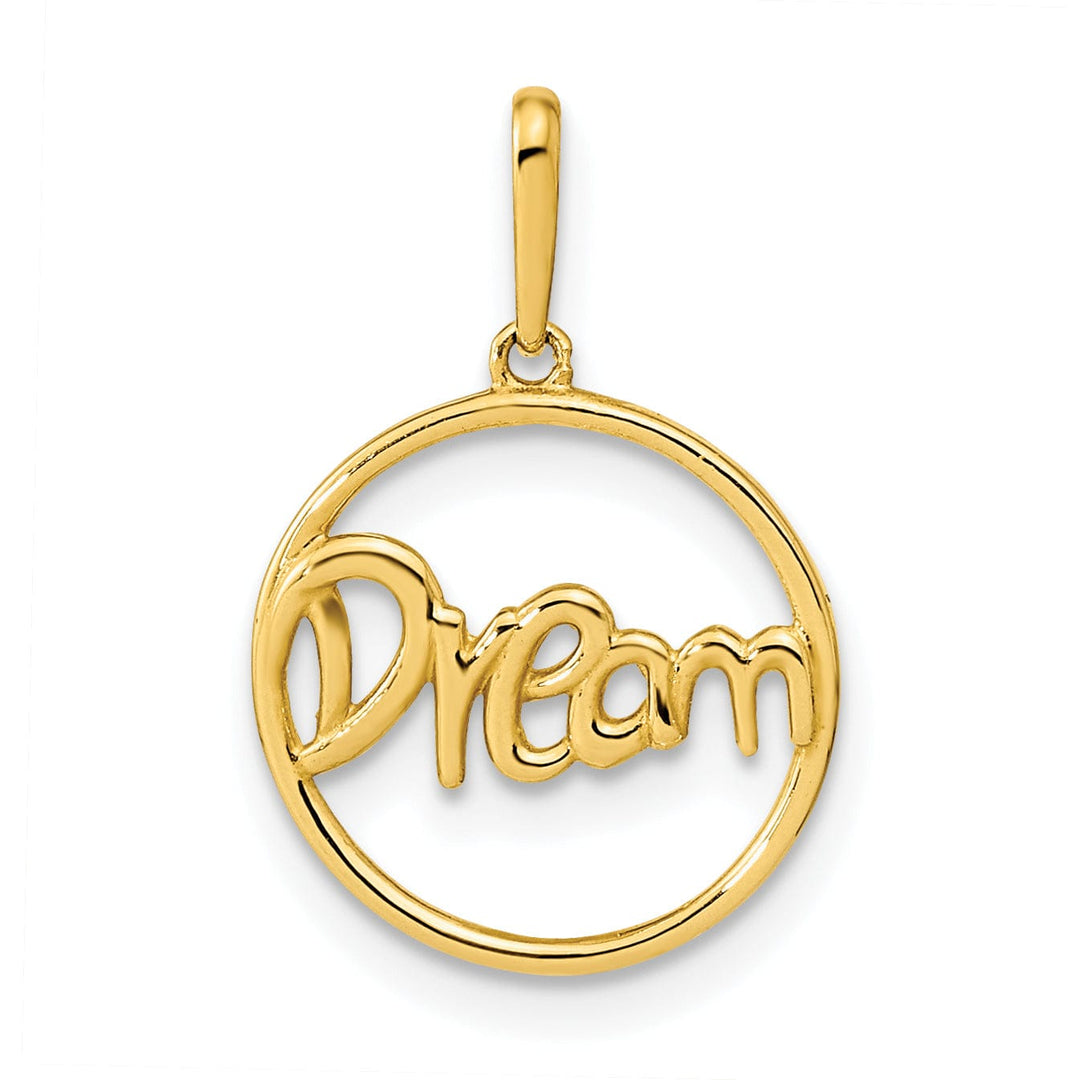 14K Yellow Gold Open Back Solid Polished Finish Circle with DREAM Script Design Charm Pendant