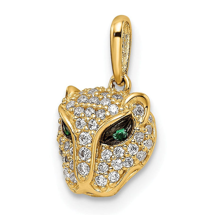 14K Yellow Gold Polished Finish White Cubic Zirconia Lioness with Green Eye Stones Head Design Charm Pendant