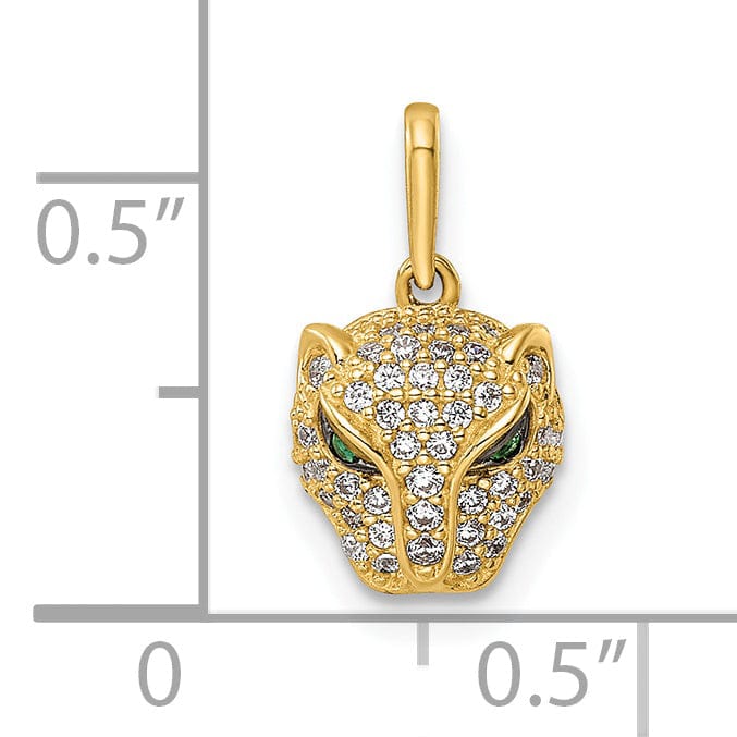 14K Yellow Gold Polished Finish White Cubic Zirconia Lioness with Green Eye Stones Head Design Charm Pendant