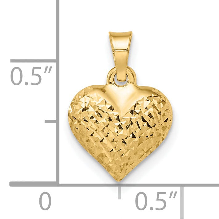 14k Yellow Gold Diamond Cut Polished Finish Semi-Solid Women's 3-Dimensional Medium Size Puffed Heart Design Charm Pendant