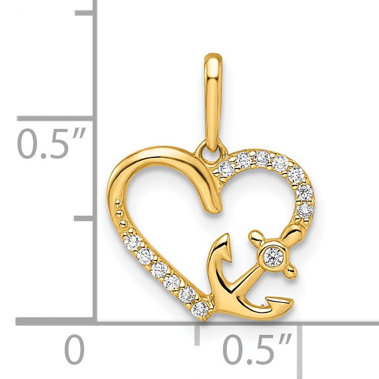 14k Yellow Gold Polished Finish Open Back Women's Cubic Zirconia Stones Heart with Anchor Design Charm Pendant