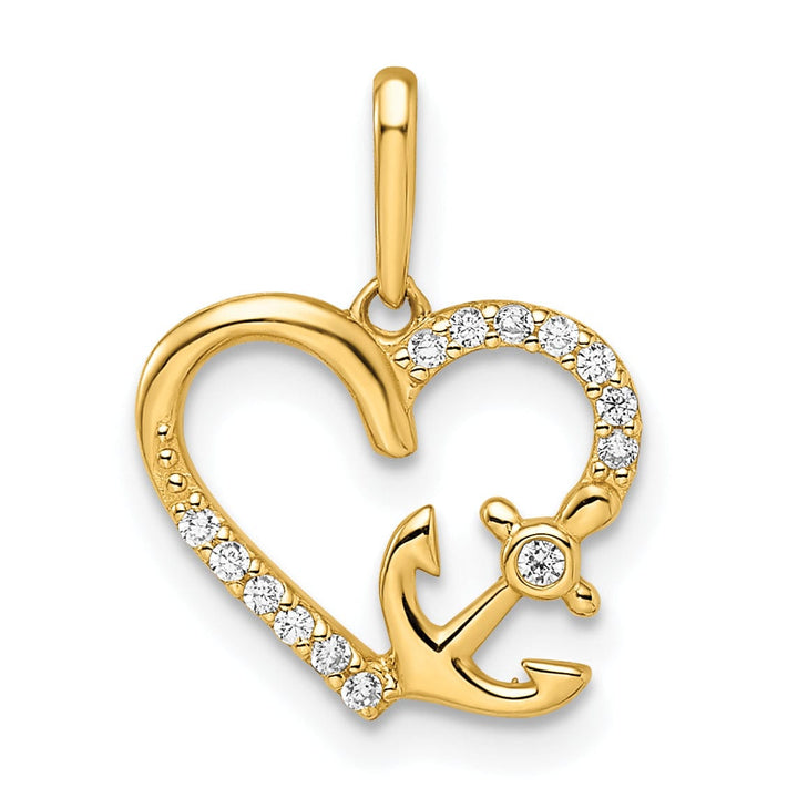 14k Yellow Gold Polished Finish Open Back Women's Cubic Zirconia Stones Heart with Anchor Design Charm Pendant