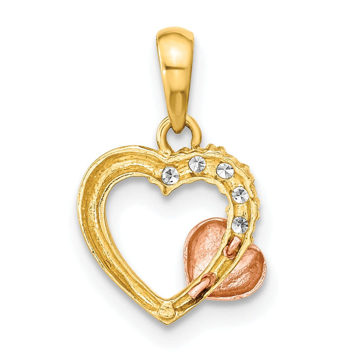 14K Yellow, Rose Gold Polished Finish Open Back Women's with Cubic Zirconia Stones Heart on Heart Design Charm Pendant