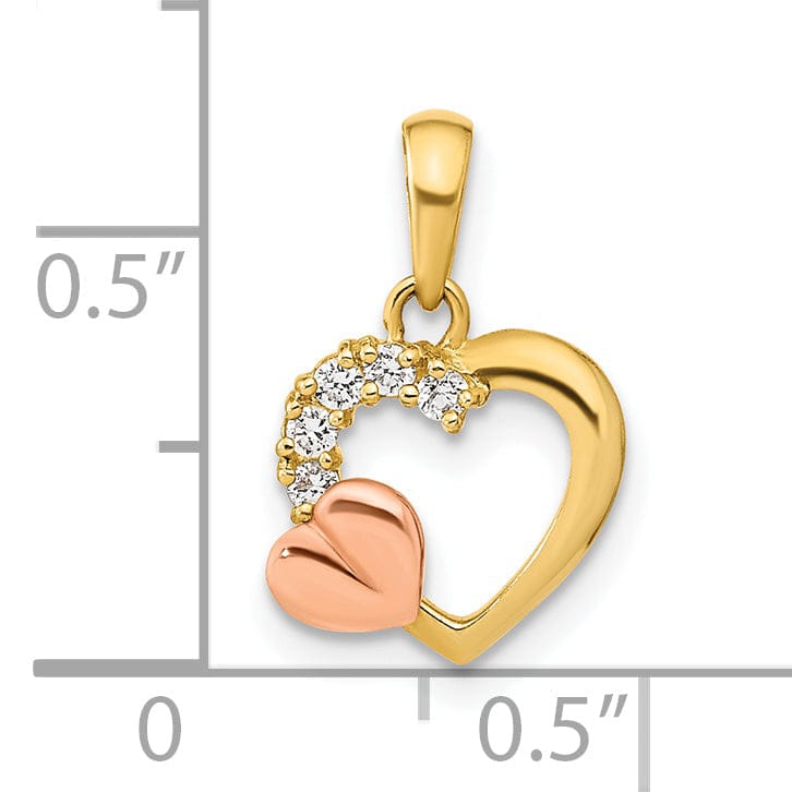 14K Yellow, Rose Gold Polished Finish Open Back Women's with Cubic Zirconia Stones Heart on Heart Design Charm Pendant