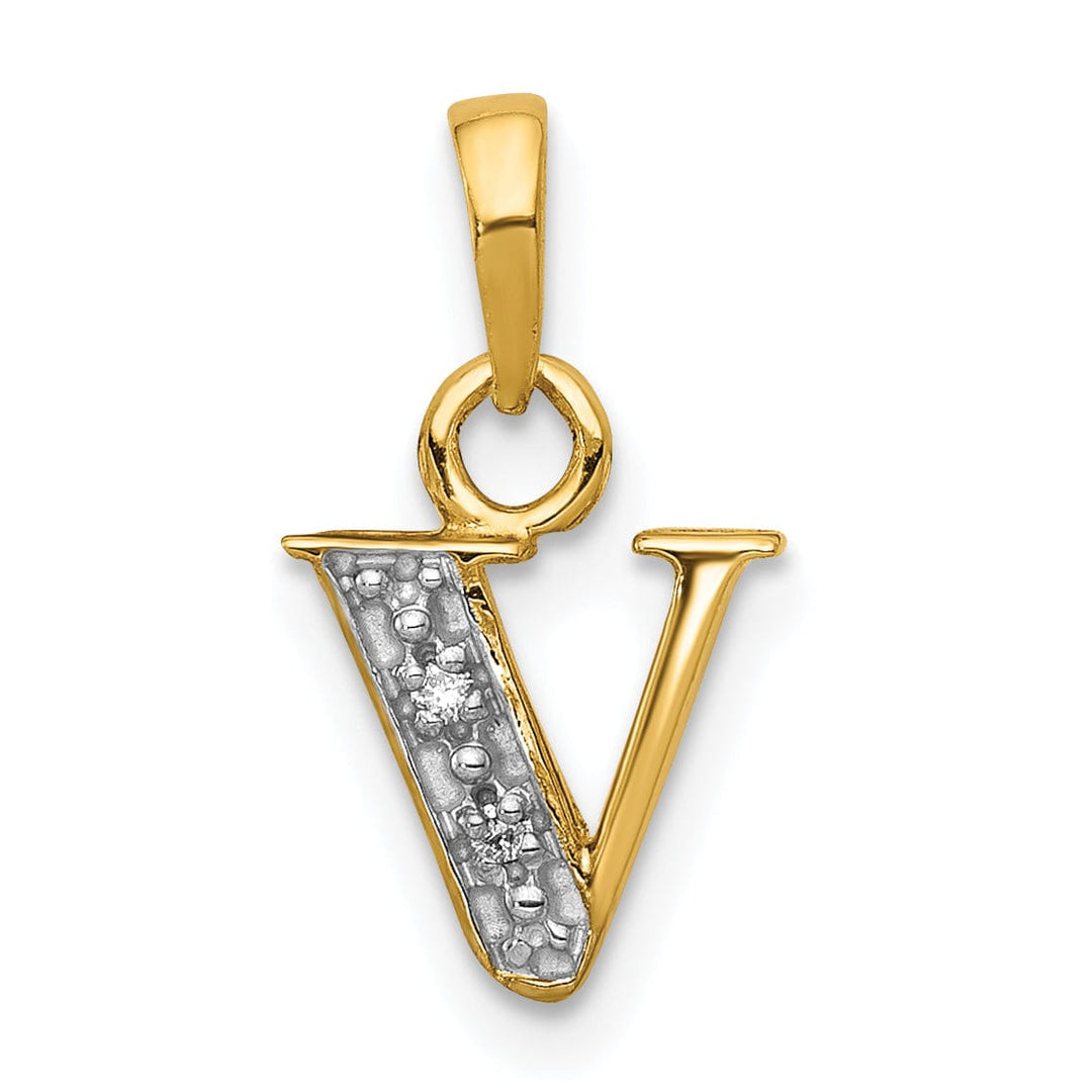 14K Yellow Gold Small 0.01CT Diamond Letter V Initial Block Pendant