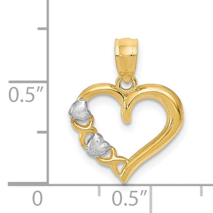 14K Yellow Gold, Rhodium Polished Finish Solid Heart -X- In Heart Design Pendant