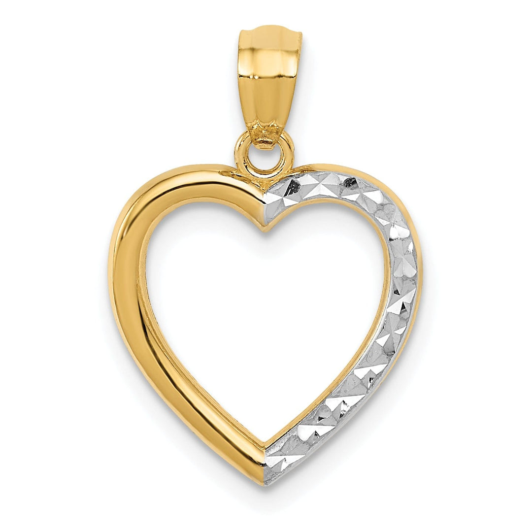 14K Yellow Gold, Rhodium Polished D.C Finish Solid Heart Design Pendant