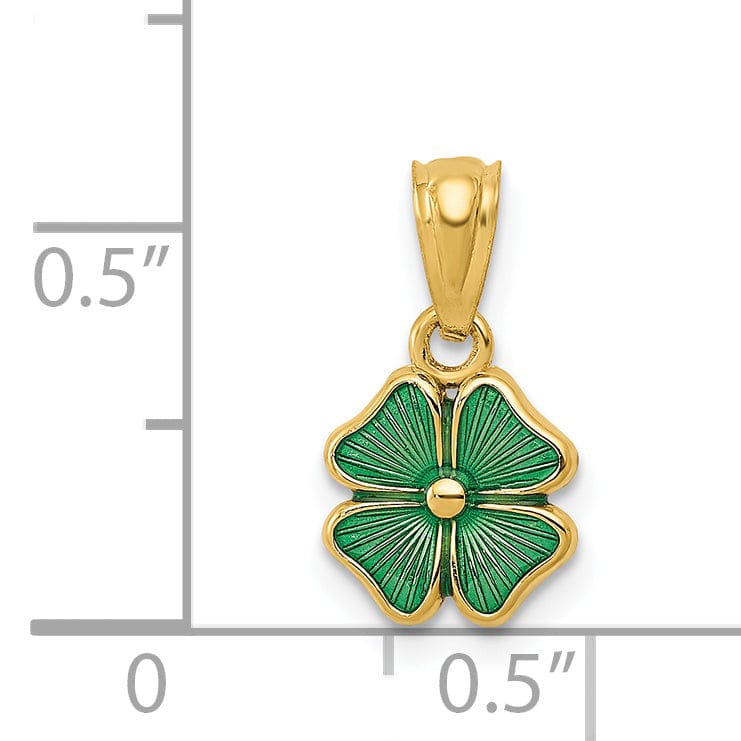 14k Yellow Gold Solid Textured Polished Green Enameled Finish Four Leaf Clover Charm Pendant