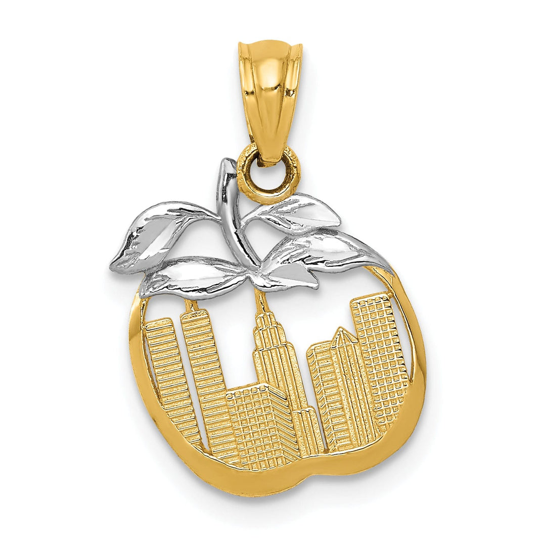 14k Yellow Gold, White Rhodium Solid Polished Textured Finish Cut Out Design New York Skyline in Apple Charm Pendant