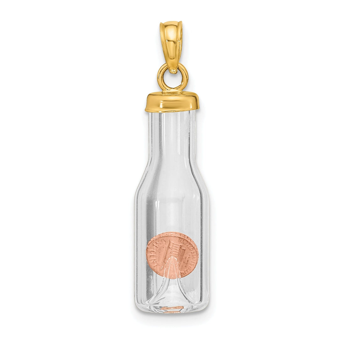 14k Two Tone Gold Polished Finish 3-Dimensional Penny in Glass Bottle Charm Pendant