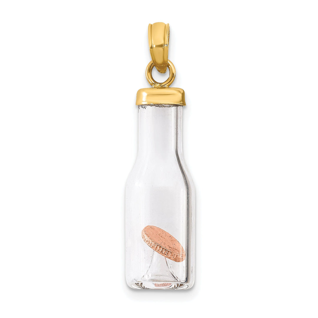 14k Two Tone Gold Polished Finish 3-Dimensional Penny in Glass Bottle Charm Pendant