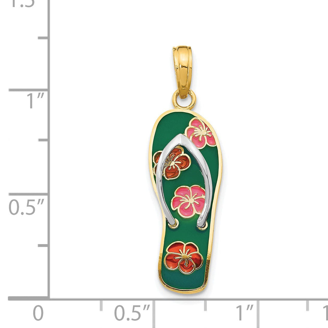 14K Yellow Gold, White Rhodium Solid RED, Green, Pink Enameled Finish with Flowers Design Flip Flop Sandle Charm Pendant