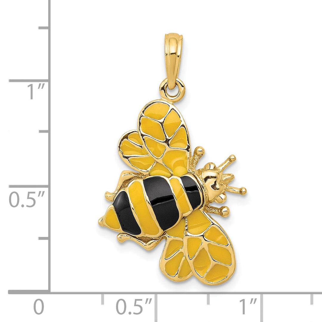 14k Yellow Gold Solid Open Back Polished Black Enameled Finish 3-Dimensional Bumblebee Charm Pendant
