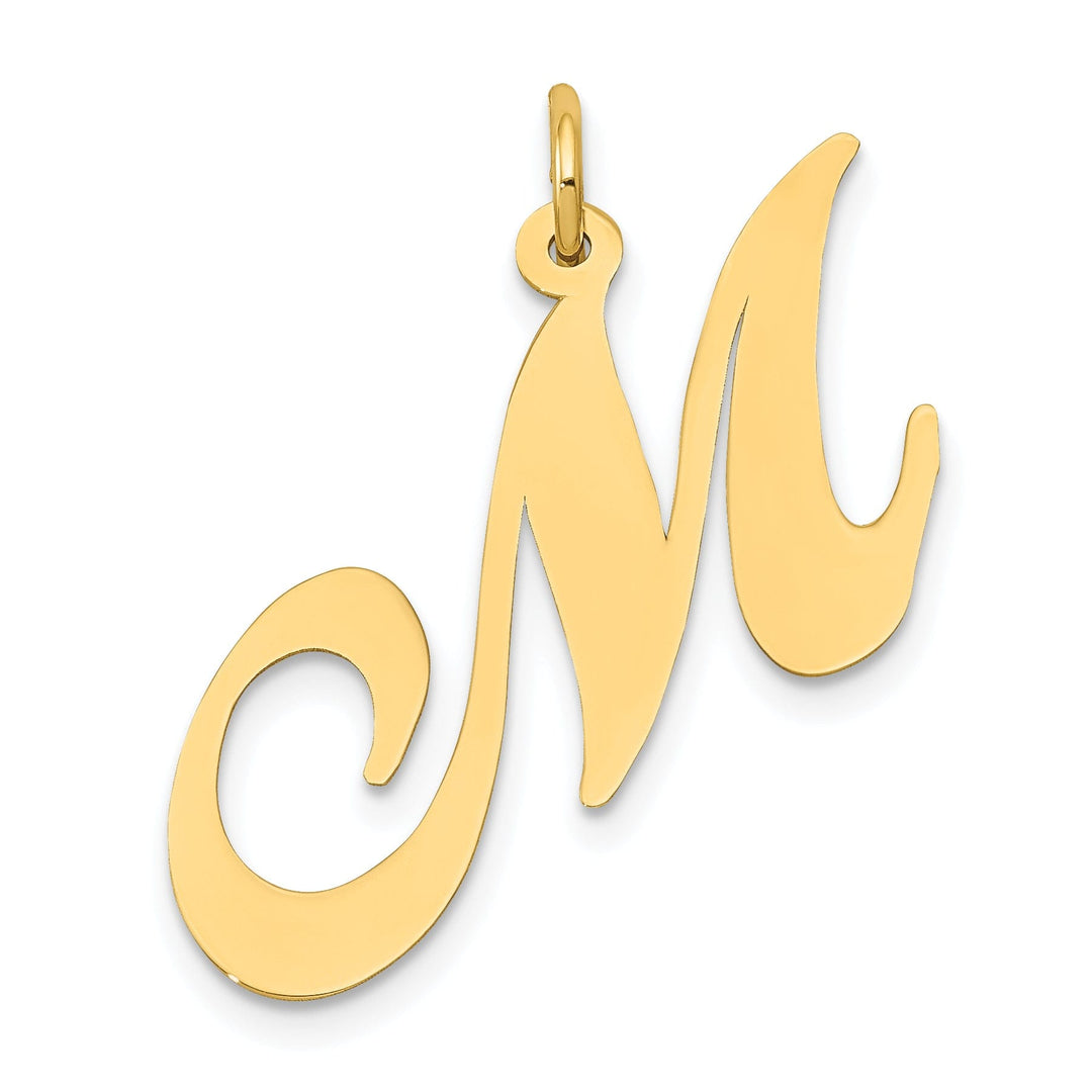 14K Yellow Gold Large Size Fancy Script Letter M Initial Charm Pendant