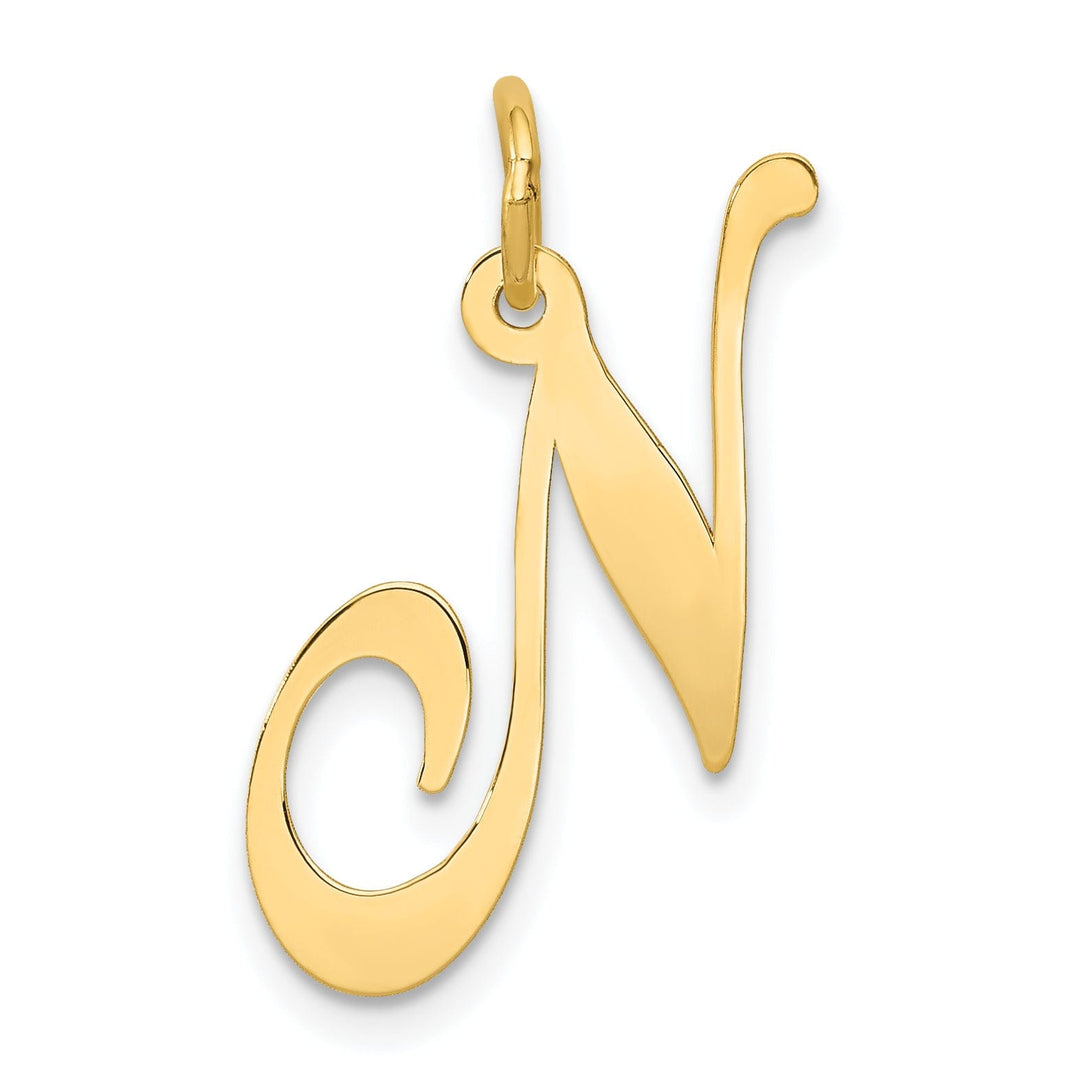 14K Yellow Gold Large Size Fancy Script Letter N Initial Charm Pendant