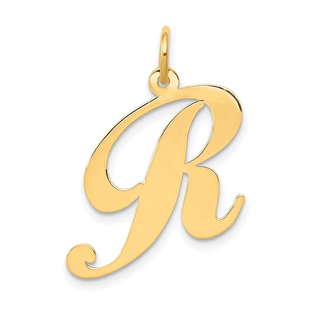 14K Yellow Gold Large Size Fancy Script Letter R Initial Charm Pendant