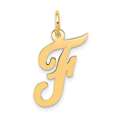 14K Yellow Gold Medium Size Fancy Script Design Letter F Initial Pendant