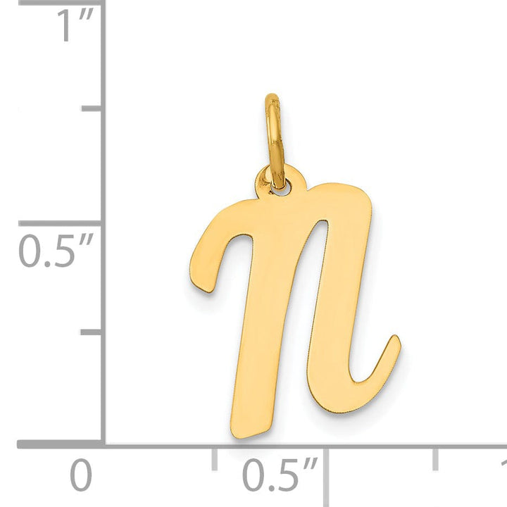 14K Yellow Gold Medium Size Fancy Script Design Letter N Initial Pendant