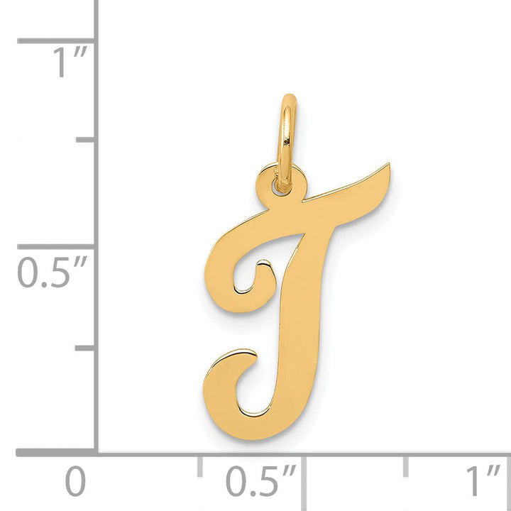 14K Yellow Gold Medium Size Fancy Script Design Letter T Initial Pendant