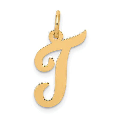 14K Yellow Gold Medium Size Fancy Script Design Letter T Initial Pendant